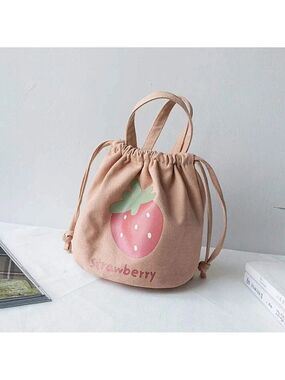 Strawberry Canvas Drawstring Lunch Bag Tote in Pink